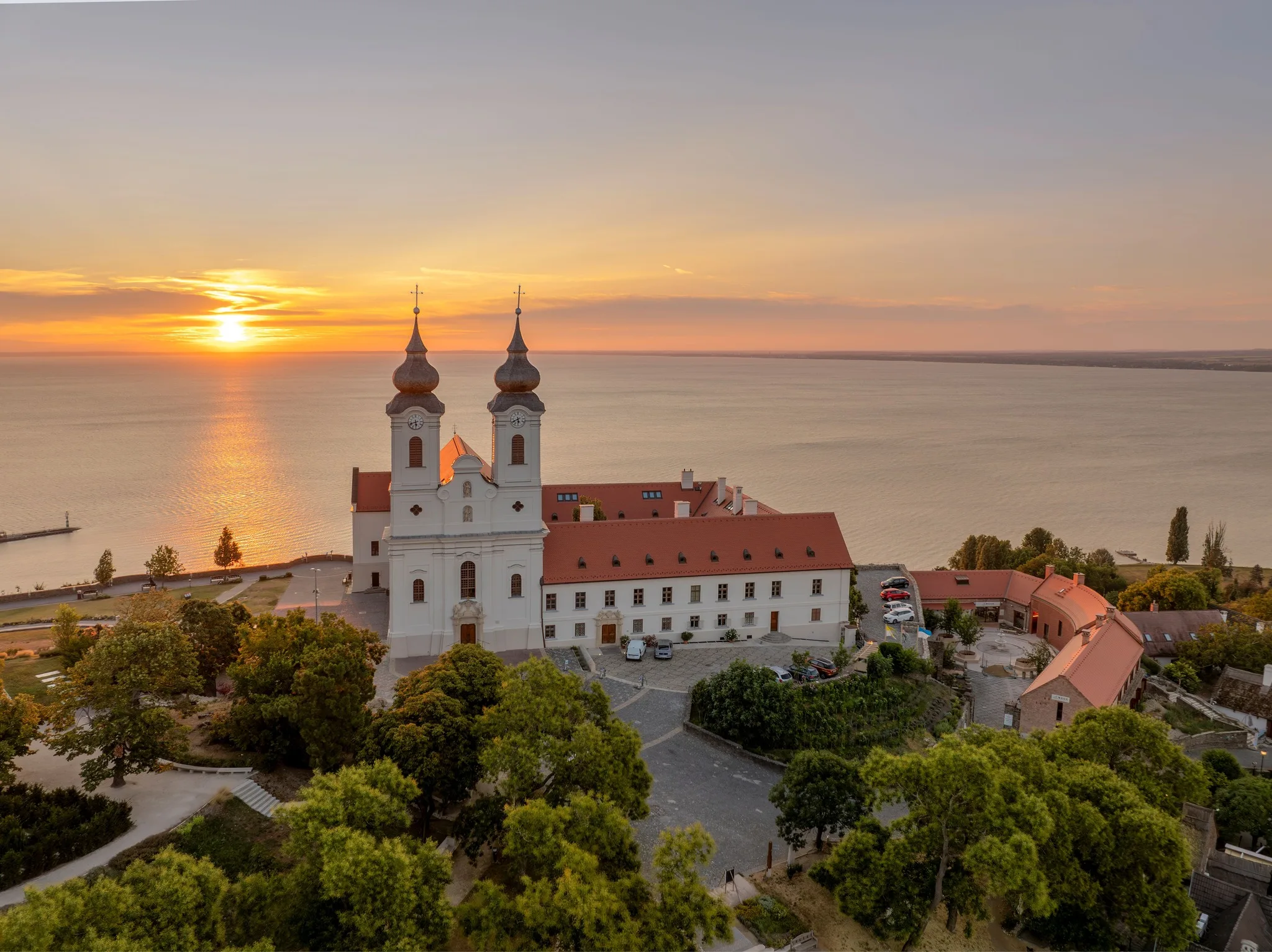 Tihany Abbey from the water- the 11th-century Benedictine monastery on its volcanic crag above Lake Balaton