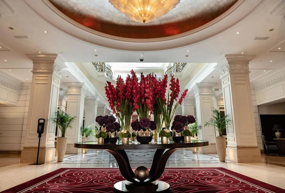 Corinthia Budapest- the Royal Spa pool with wood-carved balconies and stained glass ceiling