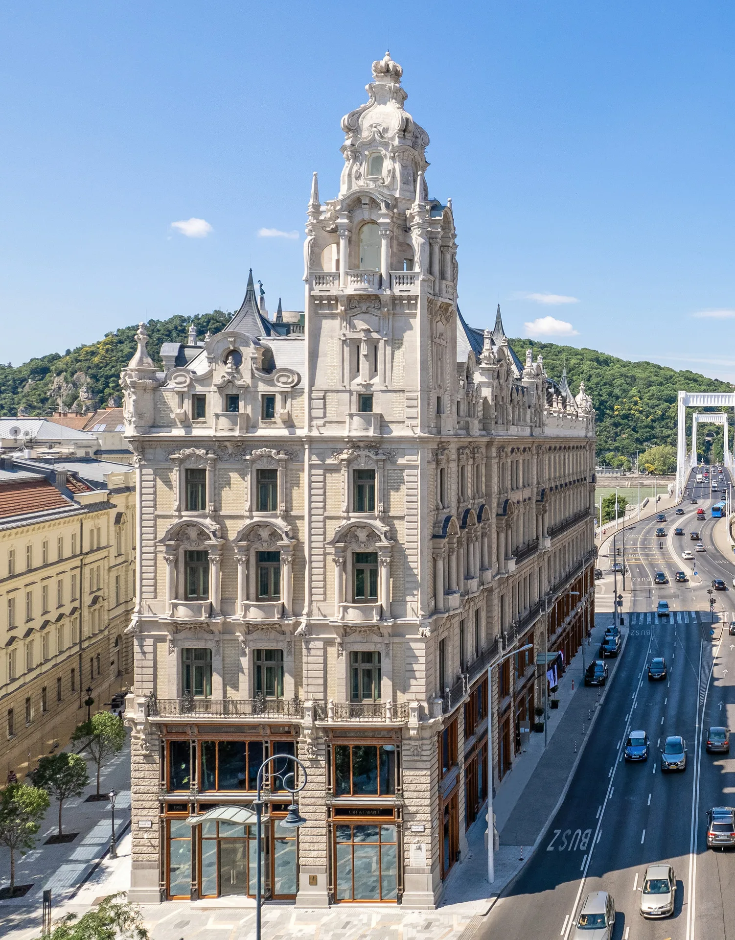 Matild Palace exterior- the ornate twin palace facade on the corner of Váci utca